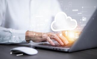 Cloud technology concept Global network of metaverse systems concept, Man hand touch data with internet cloud technology and File Transfer backup copy,Global business Internet for Telecommunication photo