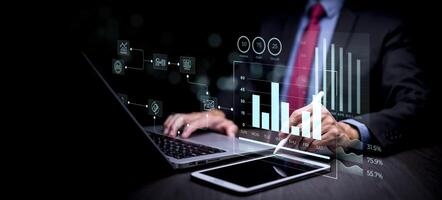 Working Data Analytics and Data Management Systems and Metrics connected to corporate strategy database for Finance, Intelligence, Business Analytics with Key Performance Indicators, social network photo