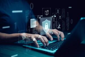 Cyber security and Security password login online concept Hands typing and entering username and password of social media, logging in with smartphone to an online bank account, data protection hacker photo