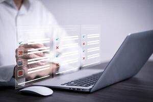 checklist and clipboard task documentation management, business people working laptop checklist questionnaire assessment form, online survey online exam Choosing the right answer in the exam photo