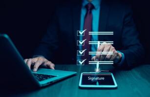 checklist and clipboard task documentation management, business people working laptop checklist questionnaire assessment form, online survey online exam Choosing the right answer in the exam photo