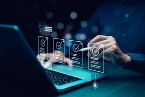 checklist and clipboard task documentation management, business people working laptop checklist questionnaire assessment form, online survey online exam Choosing the right answer in the exam photo