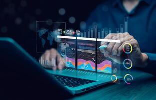 Working Data Analytics and Data Management Systems and Metrics connected to corporate strategy database for Finance, Intelligence, Business Analytics with Key Performance Indicators, social network photo