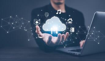 Cloud technology concept Global network of metaverse systems concept, Man hand touch data with internet cloud technology and File Transfer backup copy,Global business Internet for Telecommunication photo