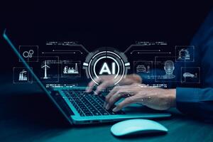 Programmer people working laptops or smartphones with AI, artificial intelligence software engineer coding on laptop computers with technology icons and binary code, big data, Ai bot digital machine photo
