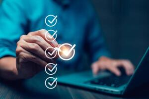 checklist and clipboard task documentation management, business people working laptop checklist questionnaire assessment form, online survey online exam Choosing the right answer in the exam photo