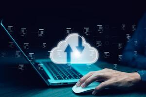 Cloud technology concept Global network of metaverse systems concept, Man hand touch data with internet cloud technology and File Transfer backup copy,Global business Internet for Telecommunication photo