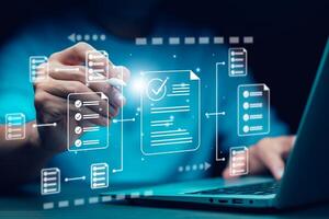 checklist and clipboard task documentation management, business people working laptop checklist questionnaire assessment form, online survey online exam Choosing the right answer in the exam photo