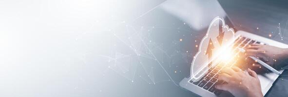 Cloud technology concept Global network of metaverse systems concept, Man hand touch data with internet cloud technology and File Transfer backup copy,Global business Internet for Telecommunication photo
