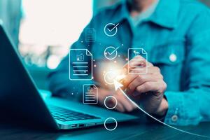 checklist and clipboard task documentation management, business people working laptop checklist questionnaire assessment form, online survey online exam Choosing the right answer in the exam photo