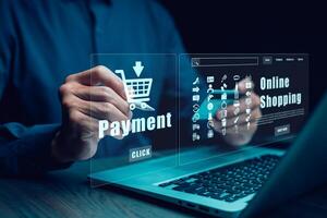 Smartphone with Online payment, Hand hold smartphone banking online bill payment Approved concept button, credit card and network connection icon on business technology virtual screen background photo