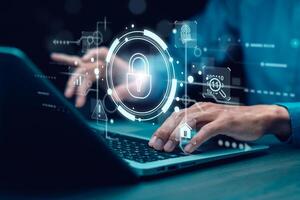 Cyber security and Security password login online concept Hands typing and entering username and password of social media, logging in with smartphone to an online bank account, data protection hacker photo