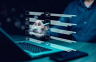 checklist and clipboard task documentation management, business people working laptop checklist questionnaire assessment form, online survey online exam Choosing the right answer in the exam photo