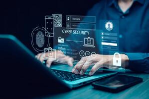 Cyber security and Security password login online concept Hands typing and entering username and password of social media, logging in with smartphone to an online bank account, data protection hacker photo
