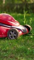 Grass trimming with electric lawn mower. Mowing the lawn grass in the garden. Garden work in summertime. Vertical video