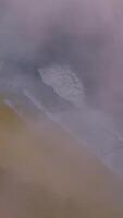 Scenery of a sandy beach with beautiful foamy waves approaching. Montara State Beach in a thick white fog from Pacific. Vertical video