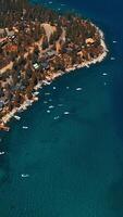 Flying over the rocky shore of Lake Tahoe overgrown with pine trees and built up with cottages. Beautiful water azure with some boats sailing on. Top view. Vertical video