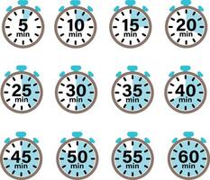 5, 10, 15, 20, 25, 30, 35, 40, 45, 50, 55, 60 min, Timer, clock, stopwatch set icons. Countdown timer symbol. Cooking time. Minute timer icon. flat style. vector