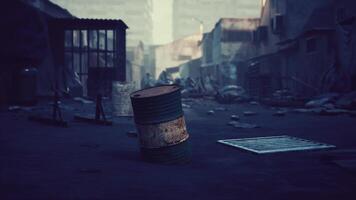 Abandoned urban landscape with debris and a barrel in a desolate setting video