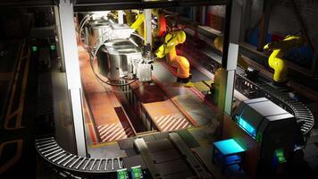 Conveyor system with robotic arms for machine assembly in a modern factory video
