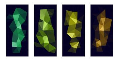 Set of four abstract geometric polygonal backgrounds with blue, green, yellow and gold color gradients. vector