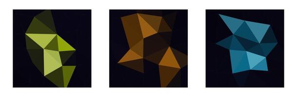 Set of three abstract triangle backgrounds with dark tones in green, orange and blue. vector
