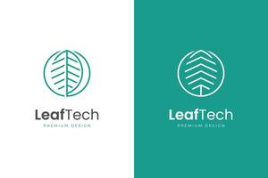 Leaf tech line logo icon design with circle and growth symbol brand technology nature logo design vector