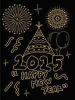 Hand Drawing Doodle Happy New year with firework illustration on black background and gold line art vector