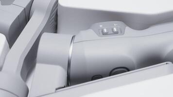 Parts of quadcopter. Action. Close-up of new stylish quadcopter model. White details of robotic quadcopter video