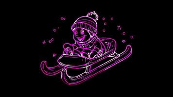 Neon frame effect, Sled A symbol of winter festivities and fun black background video