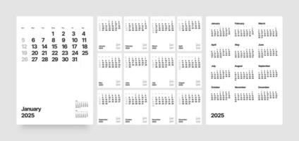 Monthly calendar template for 2025 year. Desk calendar in a minimalist style. Diary planner for 2025 year. Week Starts on Sunday. vector