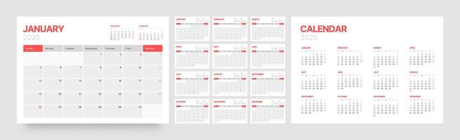 Calendar for 2025 year. Wall or desk calendar in a minimalist style. Diary planner for 2025 year. Week Starts on Sunday. vector
