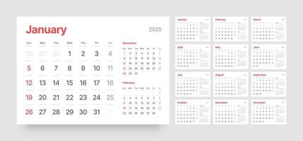 Wall calendar template for 2025 year. Wall calendar in a minimalist style. Week Starts on Sunday. vector