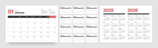 Calendar template for 2025 year. Wall or desk calendar in a minimalist style. Diary planner for 2025 year. Week Starts on Sunday. vector