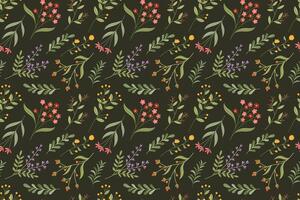 A pattern with flowers and leaves on a dark background vector