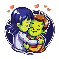 Two characters hugging each other, flat style sticker vector