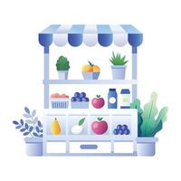 A flat illustration of a grocery stall with shelves stocked with fruits, vegetables, and drinks vector