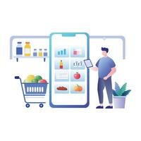 A flat illustration of a man using grocery app for shopping vector