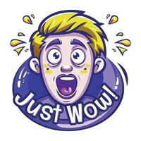 A flat sticker of a surprised character with just wow typography vector