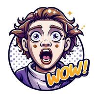 A flat sticker of a surprised character with wow typography vector