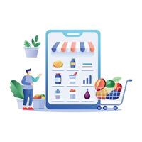 A flat illustration of a man doing online grocery shopping vector