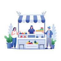 A flat illustration of a market stall with a vendor selling fruits and vegetables to customers vector