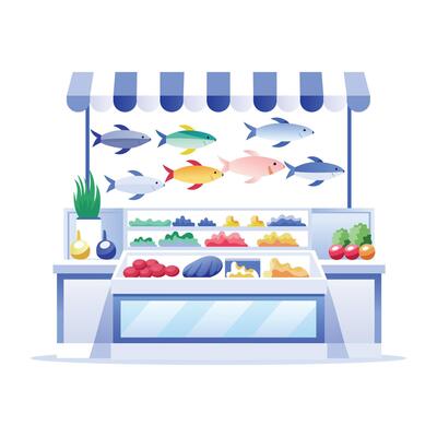 A flat illustration of a fish market stall with various types of fresh seafood on display