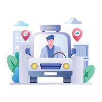 A flat illustration of a delivery driver in a car, driving towards a location pin vector
