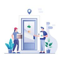 A flat illustration of a delivery person handing over a package to a customer at their doorstep vector