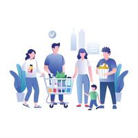 A flat illustration of a family shopping together in a grocery store vector
