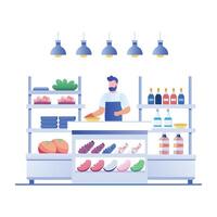 A flat illustration of a grocery store with a man preparing food behind the counter vector