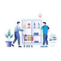 A flat illustration of two men doing grocery shopping in a supermarket vector