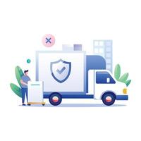 A flat illustration of a delivery truck with a shield symbol, indicating safe and reliable delivery service vector