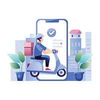 A flat illustration of a delivery driver on a scooter using a smartphone delivery app vector